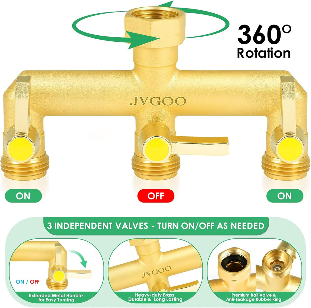 Garden Hose Splitter, Brass 3 Way Hose Splitter, 3/4" Water Hose Splitter 3 Way Heavy Duty with Metal Shutoff Valve and