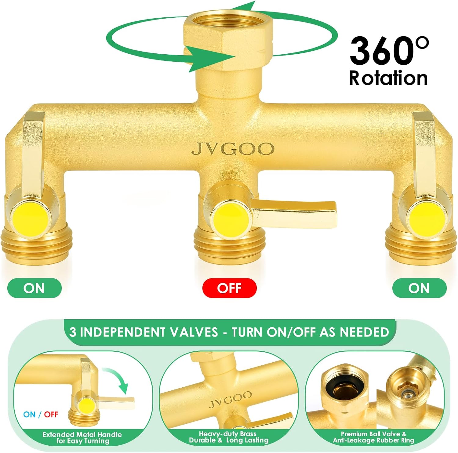 Garden Hose Splitter, Brass 3 Way Hose Splitter, 3/4" Water Hose Splitter 3 Way Heavy Duty with Metal Shutoff Valve and