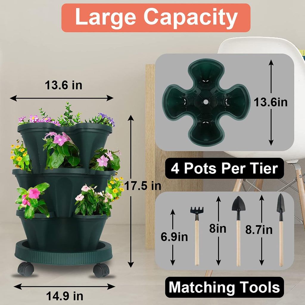 DUNCHATY Stackable Planter, Vertical Garden Planter with Wheels and Tools, Self Watering Strawberry Planter