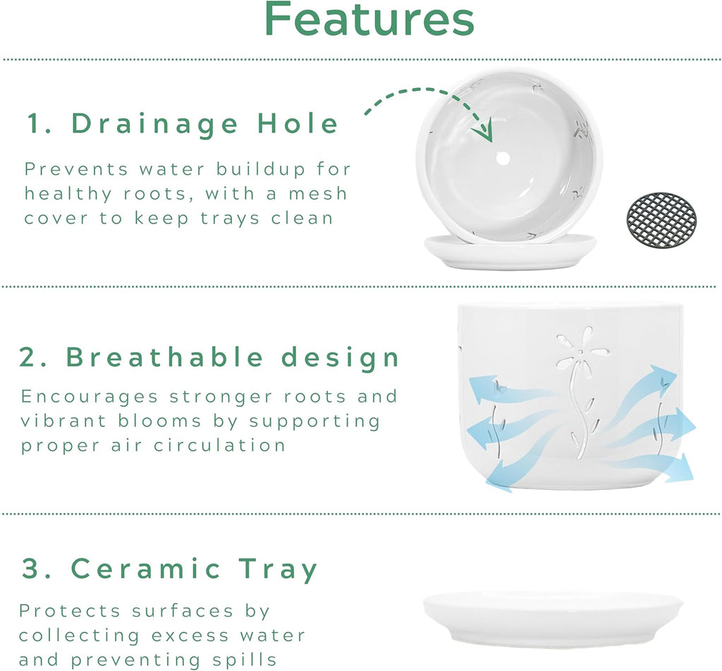 2 Pack, 5 + 6 Inch White Orchid Pots with Holes and Saucer, Ceramic Orchid Planters for Repotting with Drainage Holes