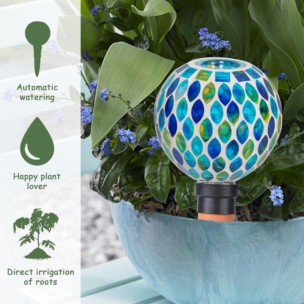 Mosaic Plant Watering Globes 2 Pack Terracotta Watering Spikes | Self Watering Planter Insert Automatic Waterer Device