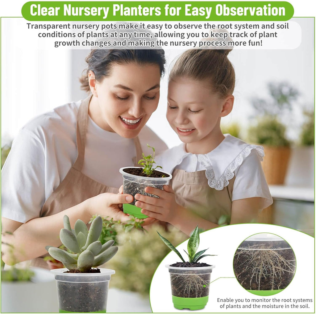 Caffox 57PCS Reusable Seed Starter Kit Includes 26 Packs 4" Clear Nursery Pots with Silicone Base, Repotting Mat