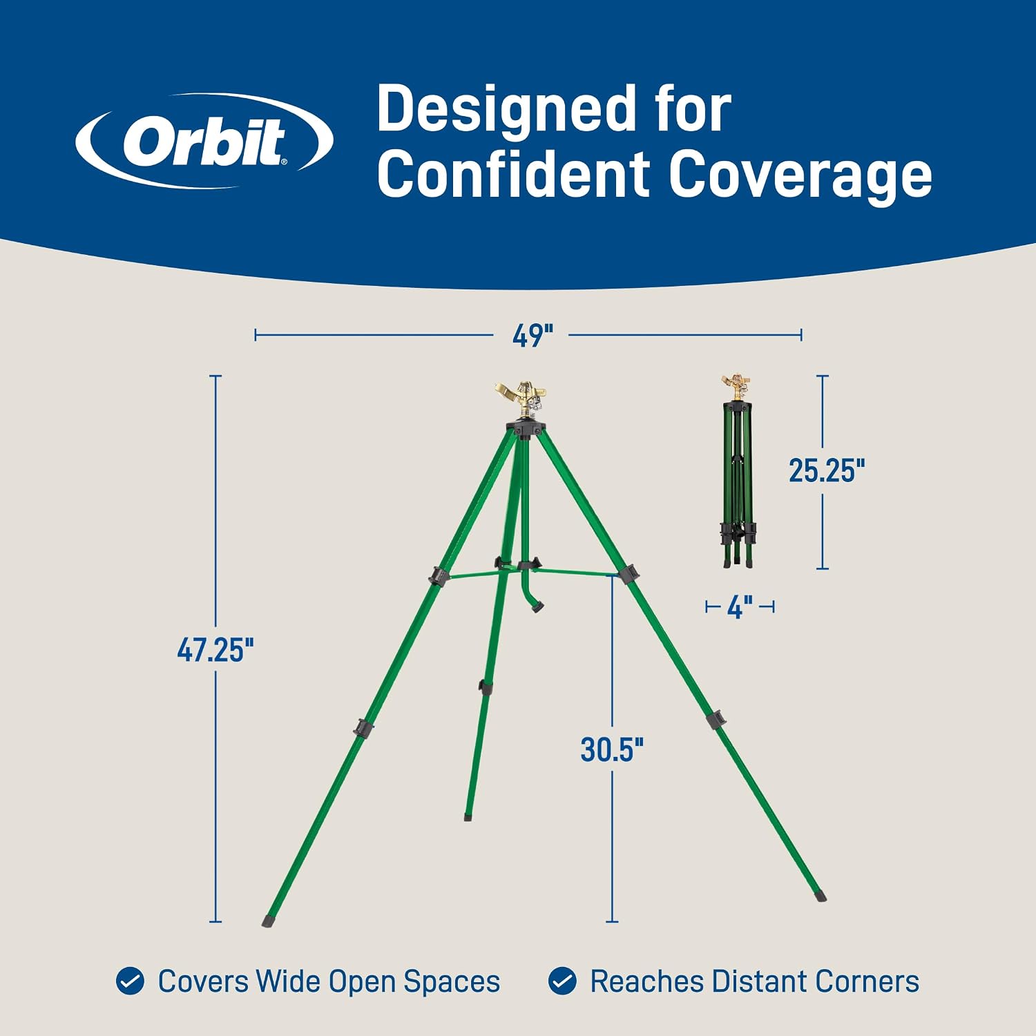 Orbit 1/2 Inch Brass Impact Sprinkler - Adjustable Metal Tripod - Long Range Lawn Watering System - 360 Degree Rotating