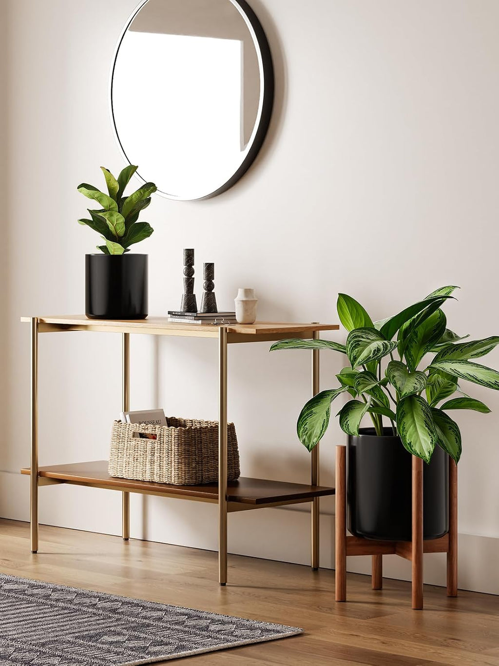 LE TAUCI 10 Inch Planter with Acacia Wood Stand, Ceramic Planter for Indoor Plants with Plant Holder, Mid-Century