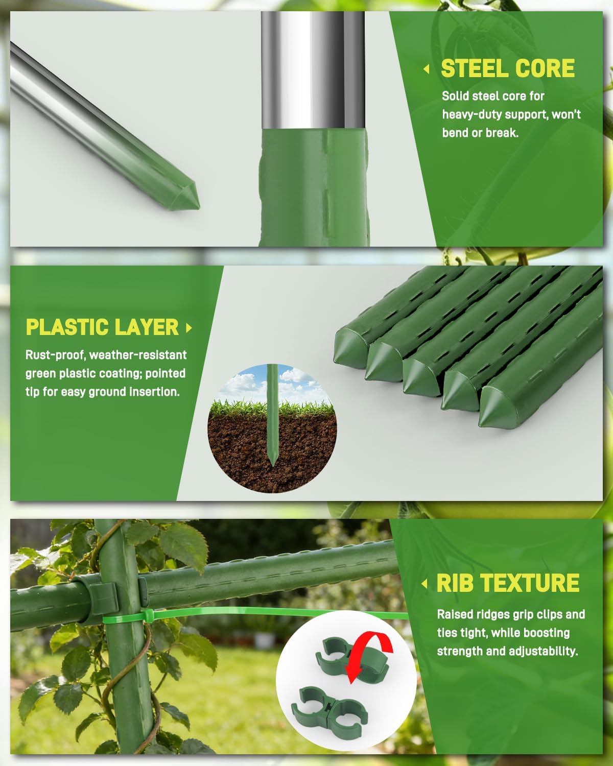 25 Pack 4FT Garden Stakes with Clips & Ties, 0.78" Steel Core Plastic Covered Plant Support Stakes for Tomatoes