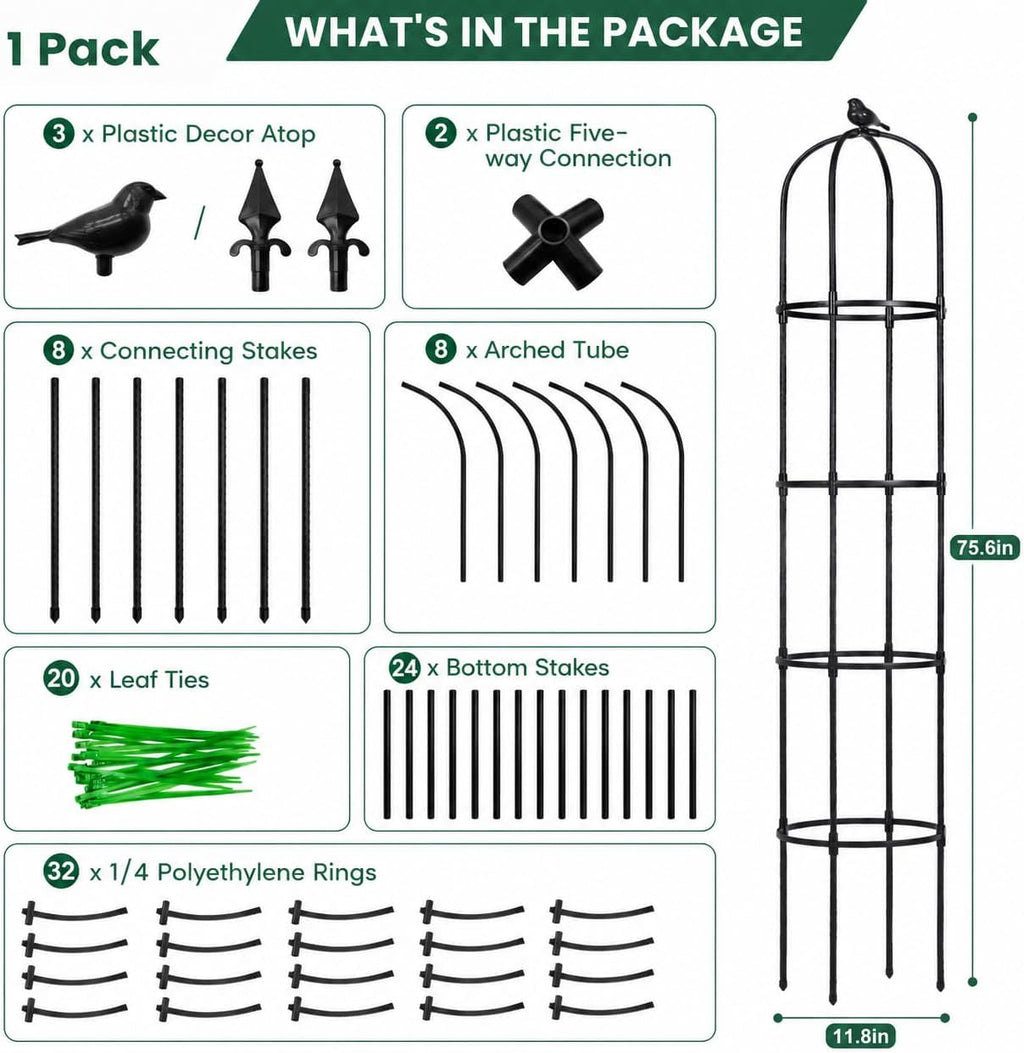 Garden Obelisk Trellis for Climbing Plants,6.3 ft, Black, 2PC | Outdoor Rose Trellis, Indoor Support for Potted Light