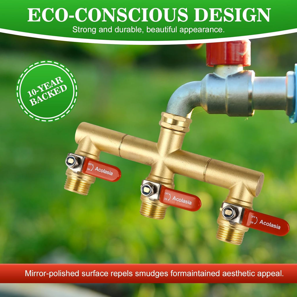 Hose Splitter 3 Way Heavy Duty Brass Garden Hose Splitter with 360° Rotatable, 304 Stainless Steel Long Handle Outdoor