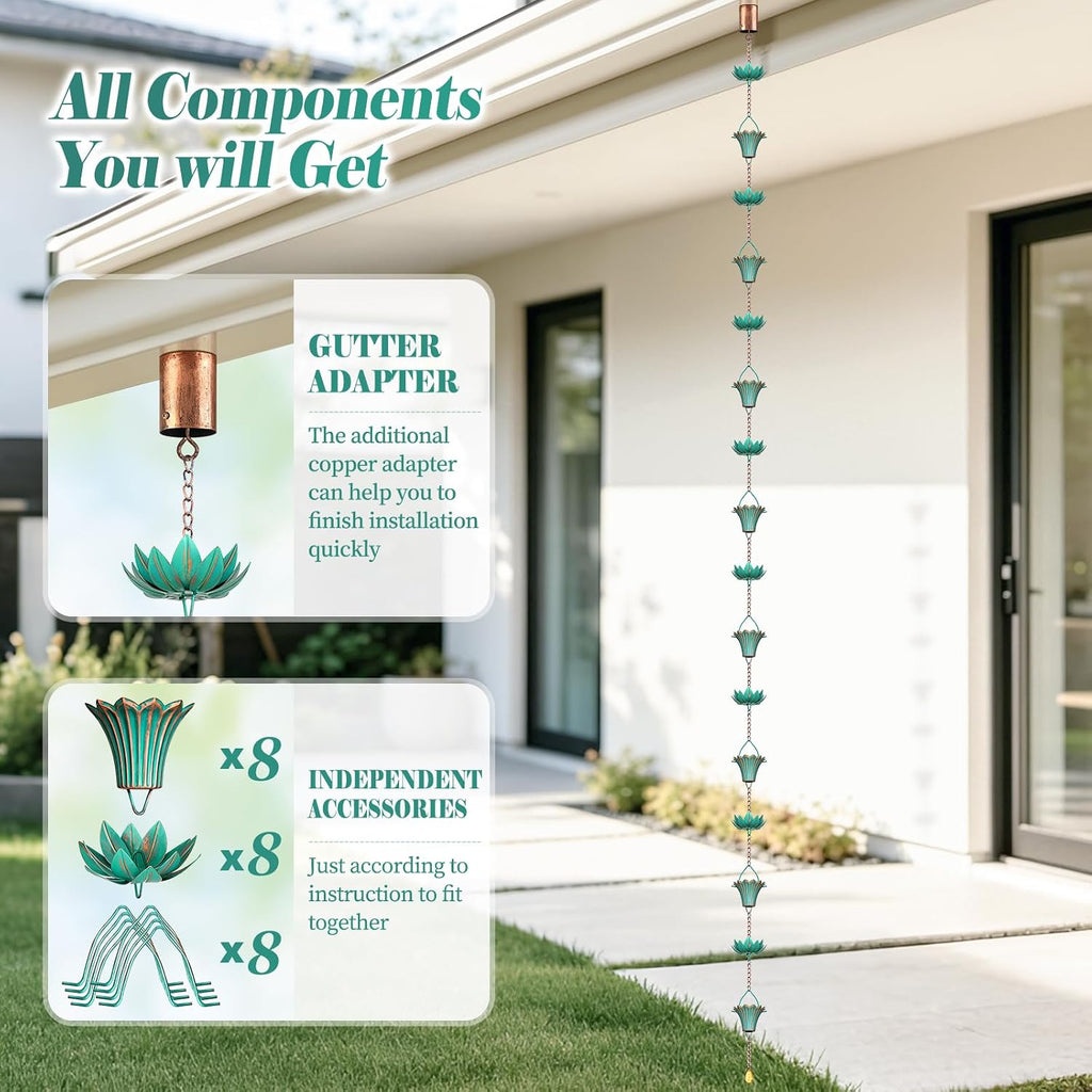 10 FT Lotus Rain Chain with Adapter for Gutters Downspouts Outside | Large Opening to Avoid Splashing, Adjustable