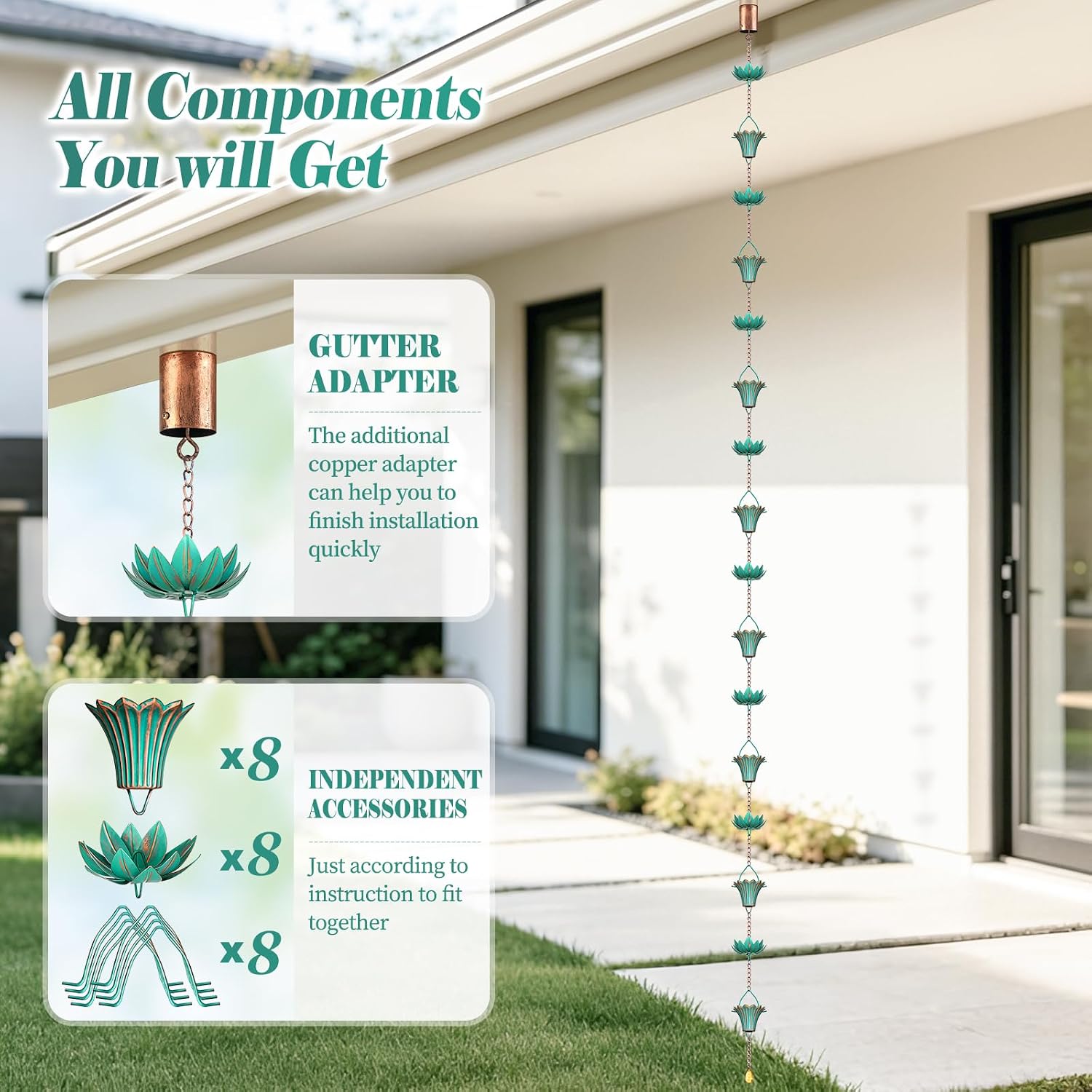 10 FT Lotus Rain Chain with Adapter for Gutters Downspouts Outside | Large Opening to Avoid Splashing, Adjustable