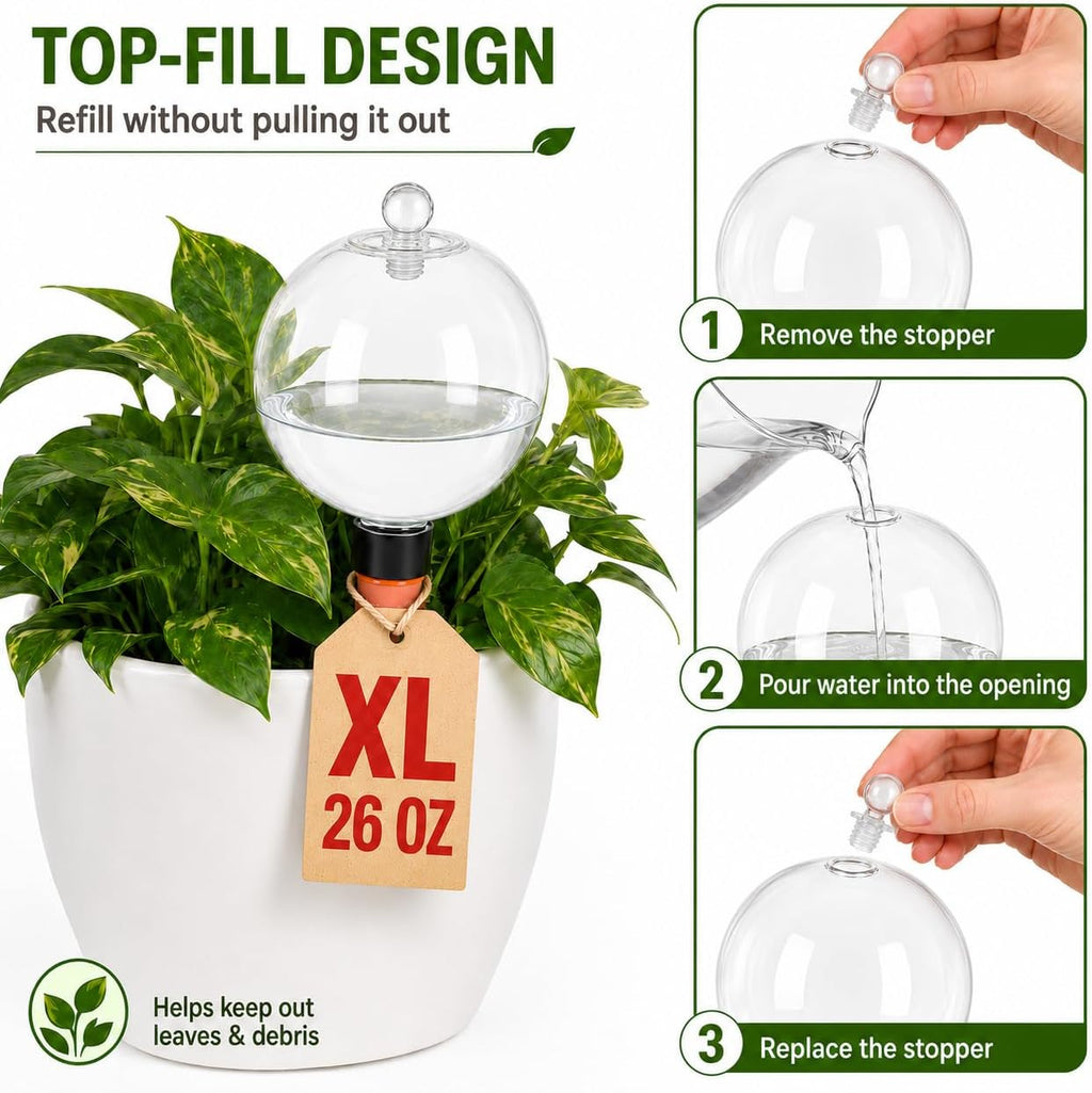 26 oz Large Self Watering Globes, Top Fill Terracotta Spikes, 2 Pack | 750 ml top-fill reservoir with slow-release