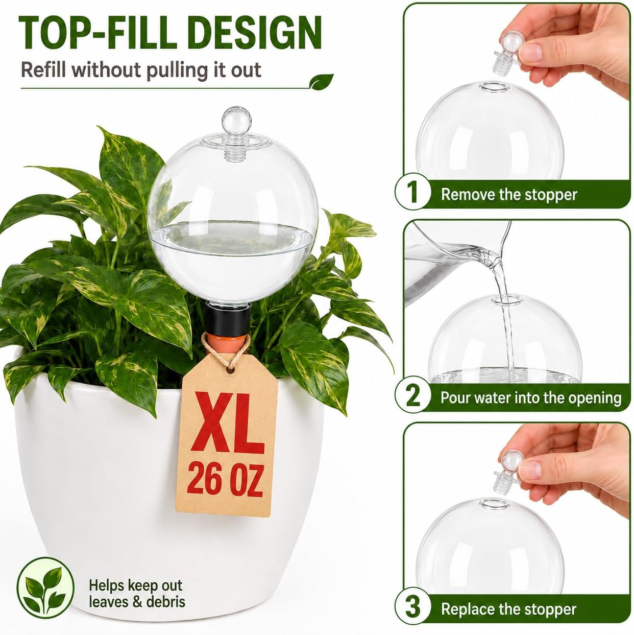 26 oz Large Self Watering Globes, Top Fill Terracotta Spikes, 2 Pack | 750 ml top-fill reservoir with slow-release