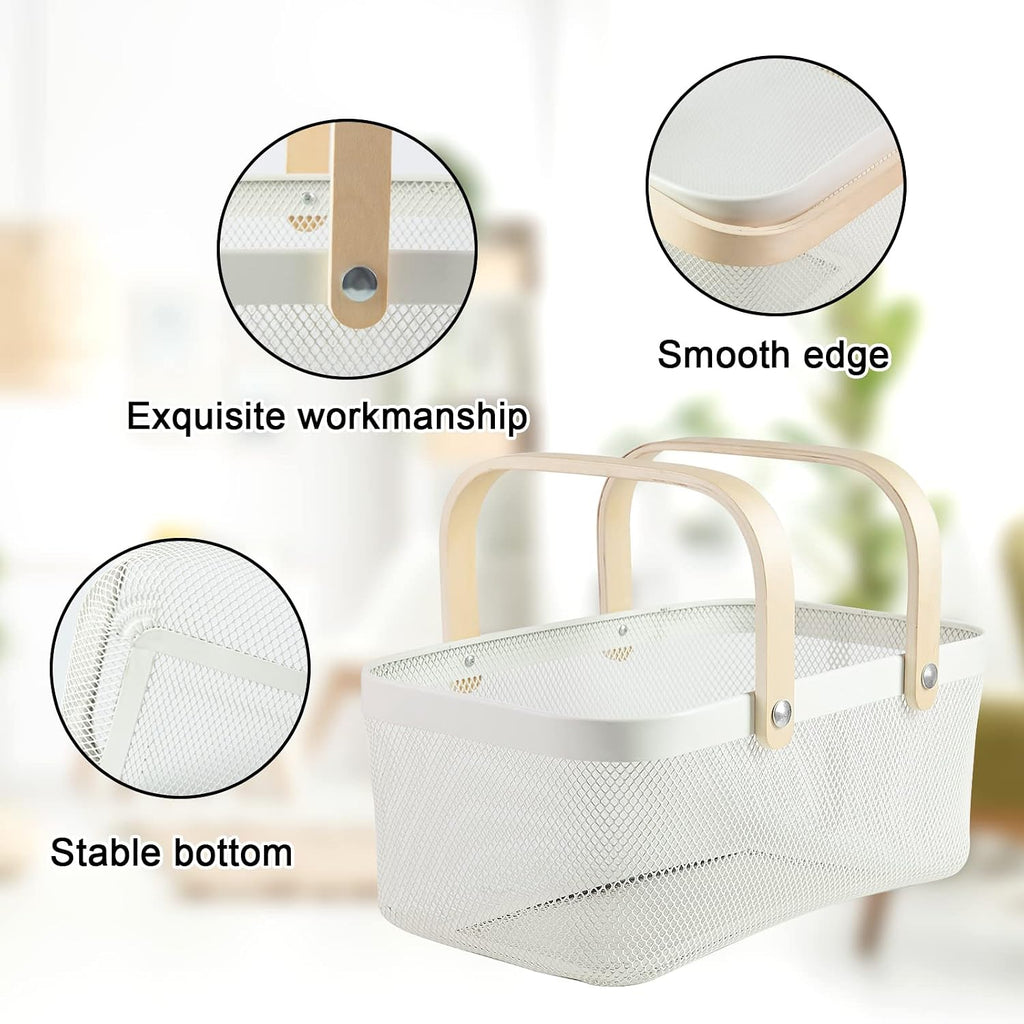 Portable Garden Harvest Basket-Mesh Design Natural Bamboo Handle Wire Storage Baskets,Mesh Basket with Handle Organize