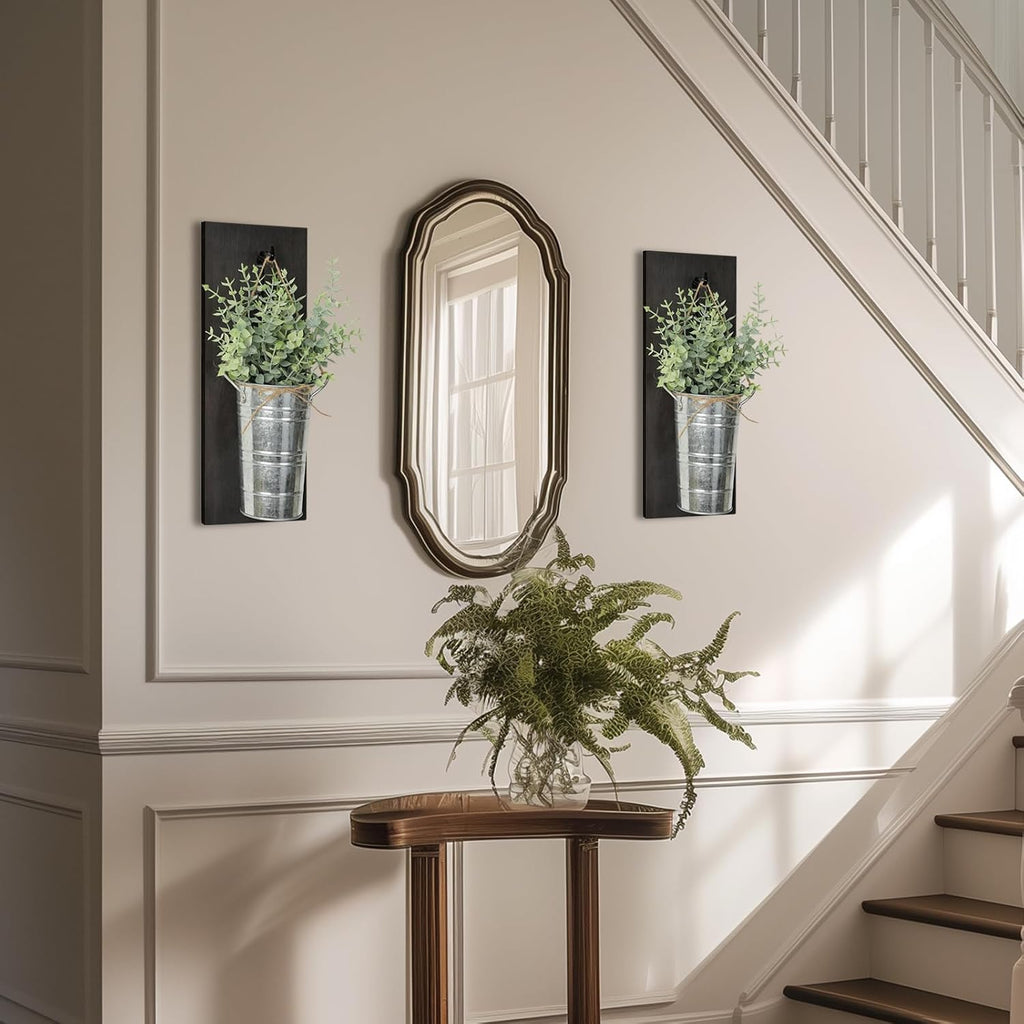 SHOHAYTO Farmhouse Wall Decor Set of 2 - Wood Hanging Planters with Artificial Eucalyptus, Rustic Vertical Pocket Vases