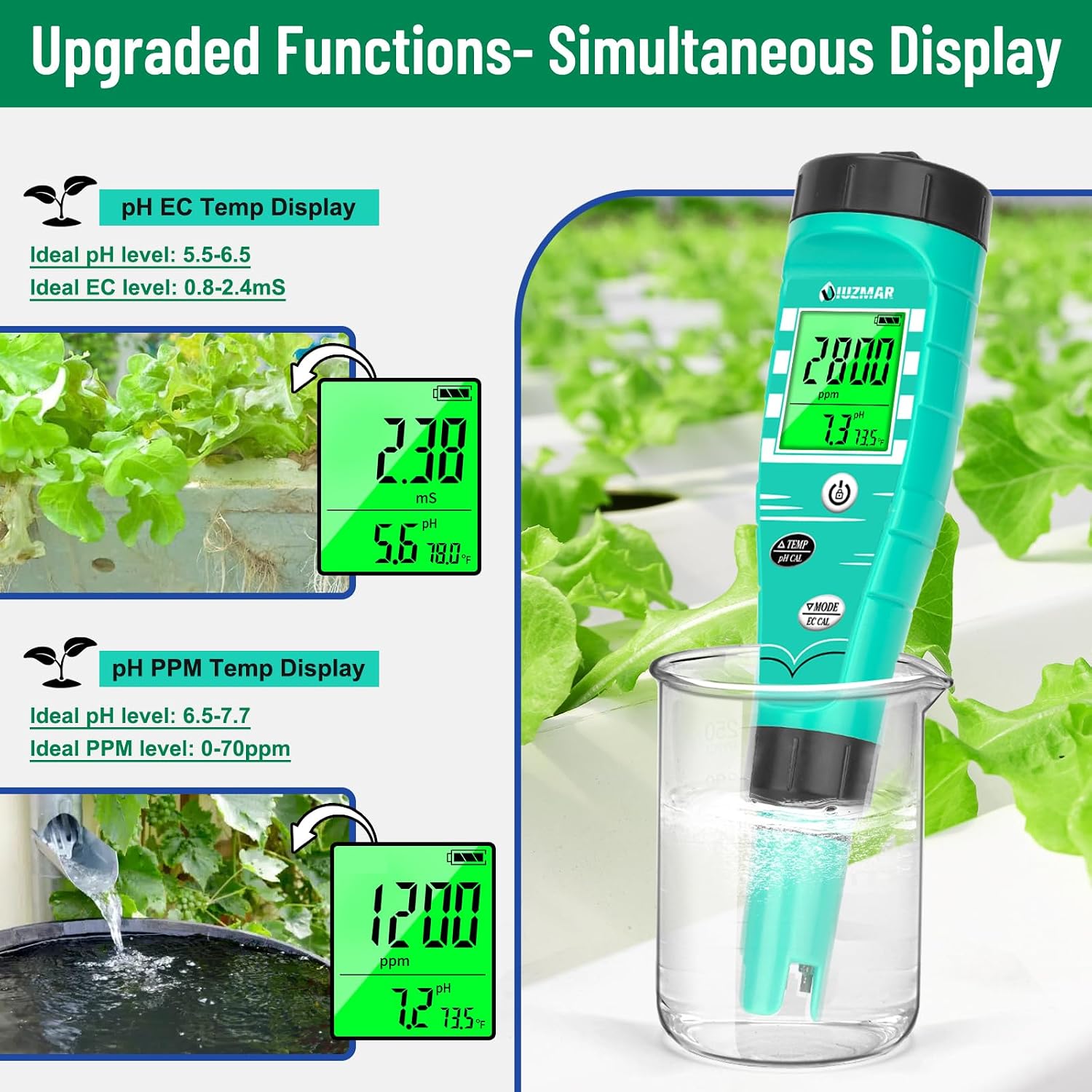 pH Meter for Hydroponics EC pH Monitor pH ppm Tester for hydroponics System Simultaneous Measurement of pH EC TDS