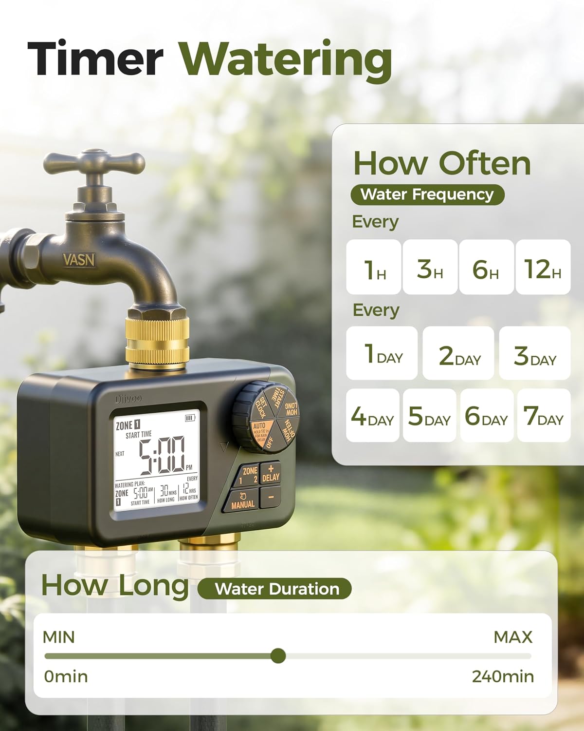 Diivoo Brass Hose Timer 2 Outlet, Sprinkler Timer for Garden Hose | IP66 Waterproof, Large Display Easy Program, Rain