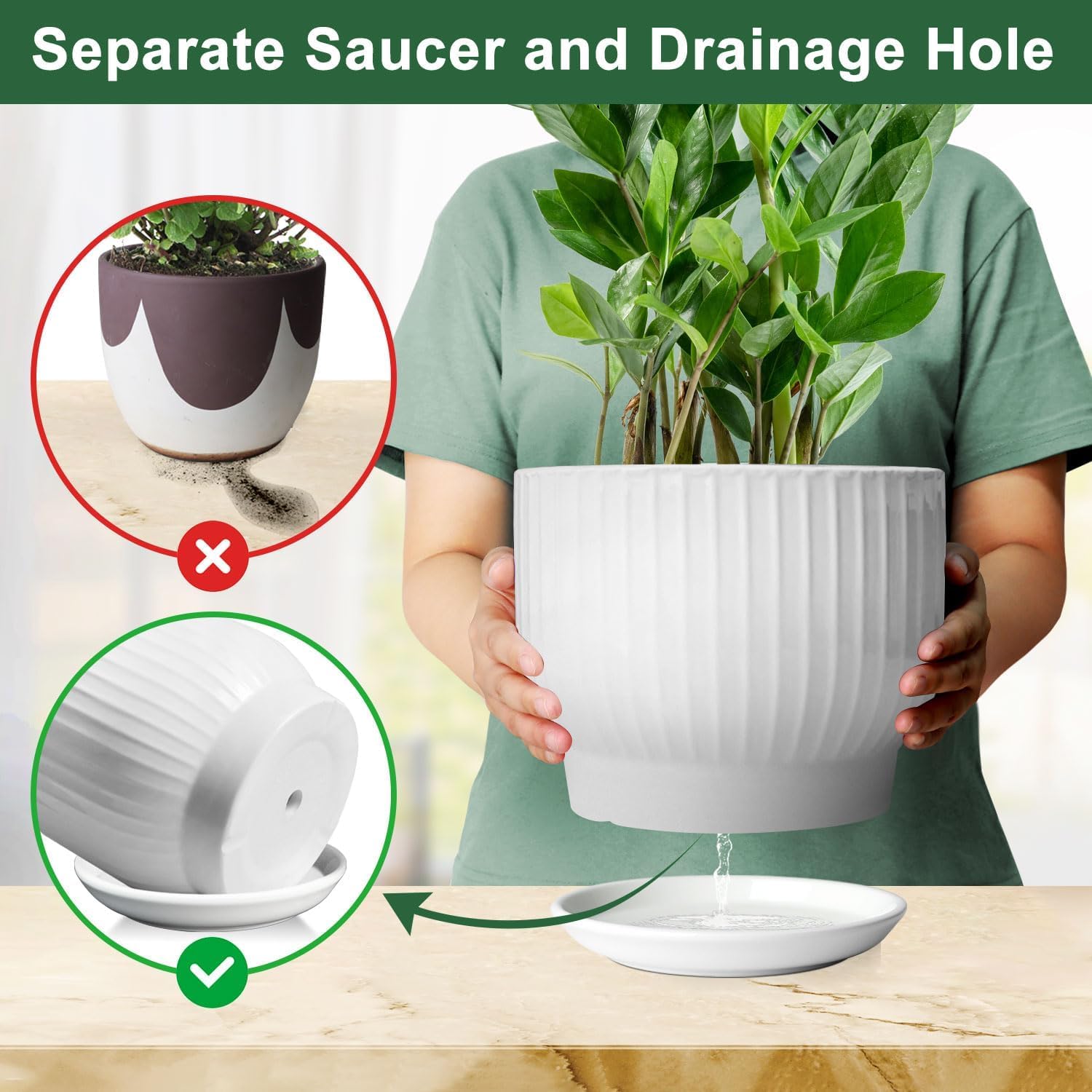 8 Inch Plant Pot,Ceramic Planter with Drainage and Saucer,Ceramic Pots for Plants,Indoor Plant pots,Ceramic Flower