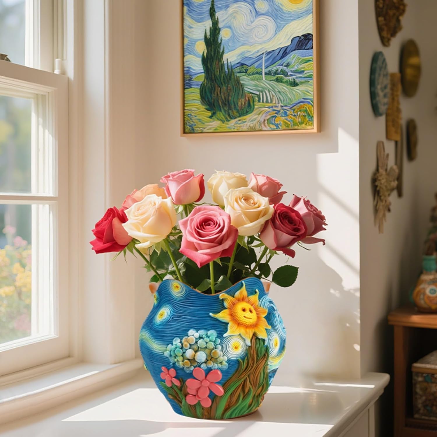 Starry Night Theme Flower Pots Colorful Art Planter Pots for Indoor Plant Cute Unique Resin Flower Pot with Drainage