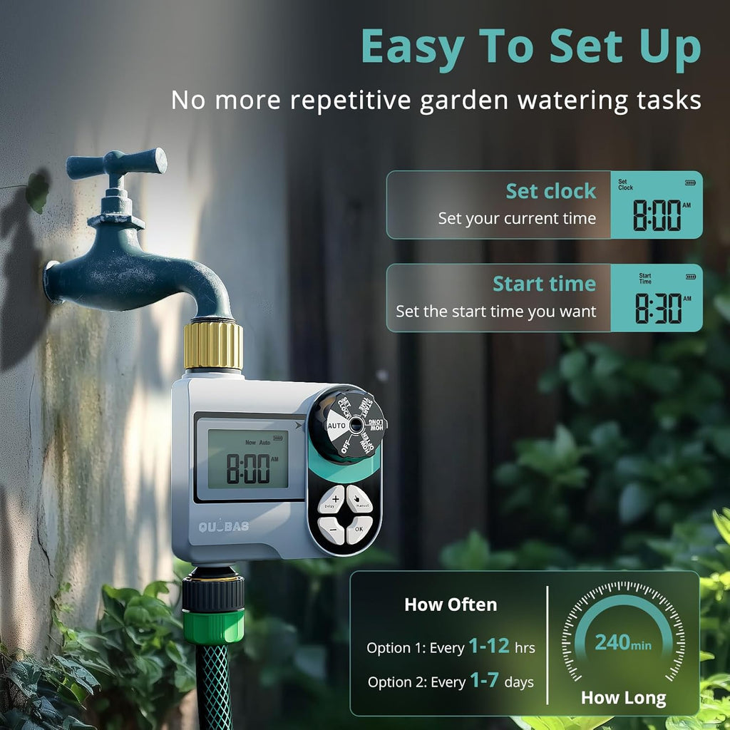 QUOBAS Brass Sprinkler Timer, Programmable Water Hose Timer for Garden Hose | Faucet Timer with Waterproof HD Screen