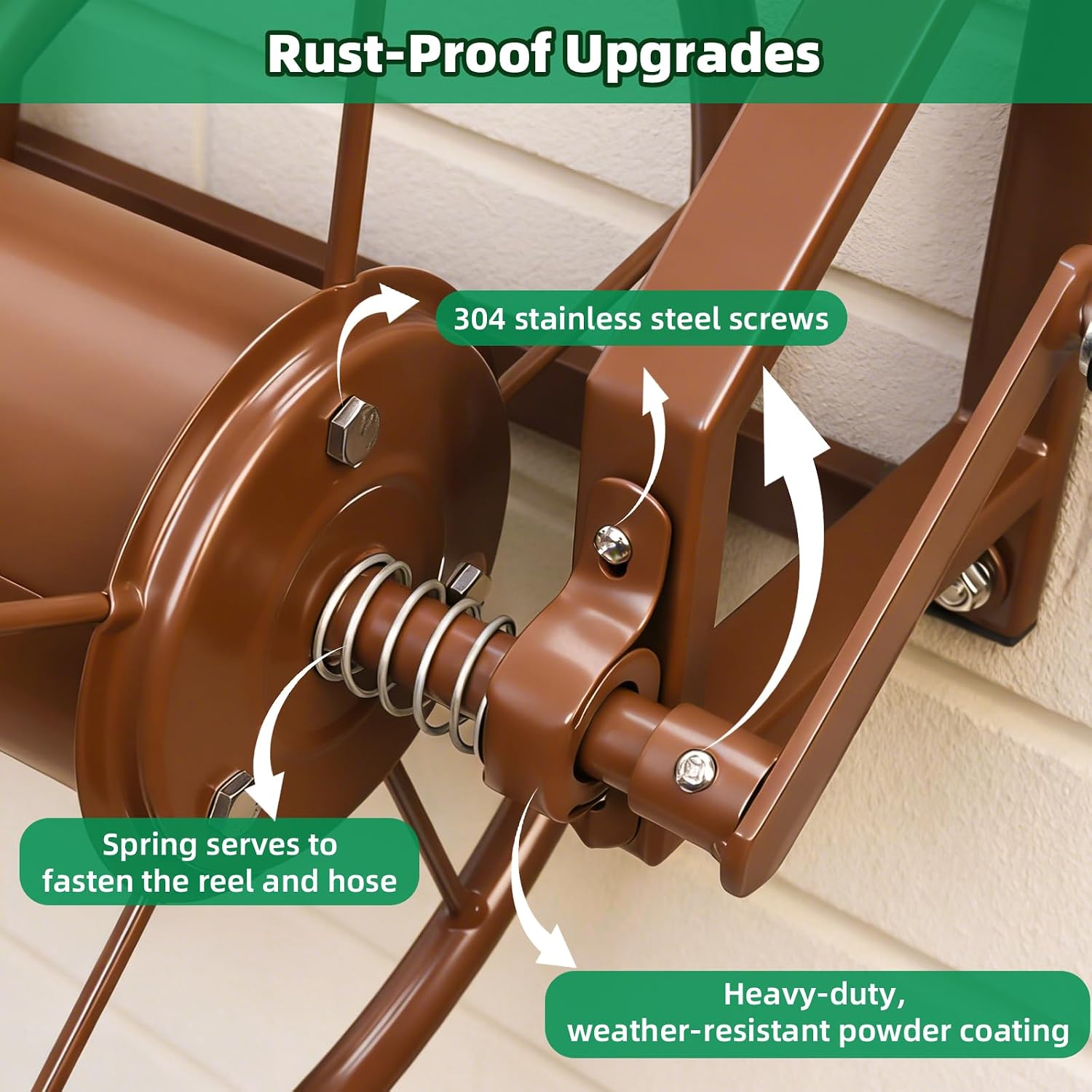 Wall Mount Garden Hose Reel, Heavy Duty Metal Holds 155ft 5/8" Hose | Solid Brass Fittings, No Leaks, Rust-resistant.