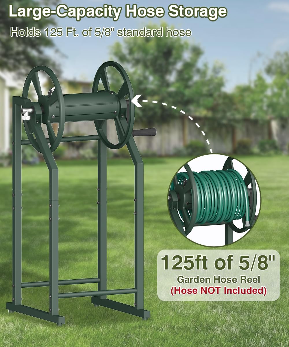 4-Spike Garden Hose Reel with 3.9ft Leader Hose & Stainless Fitting, Outdoor Hose Holder holds 125ft Hose of 5/8"