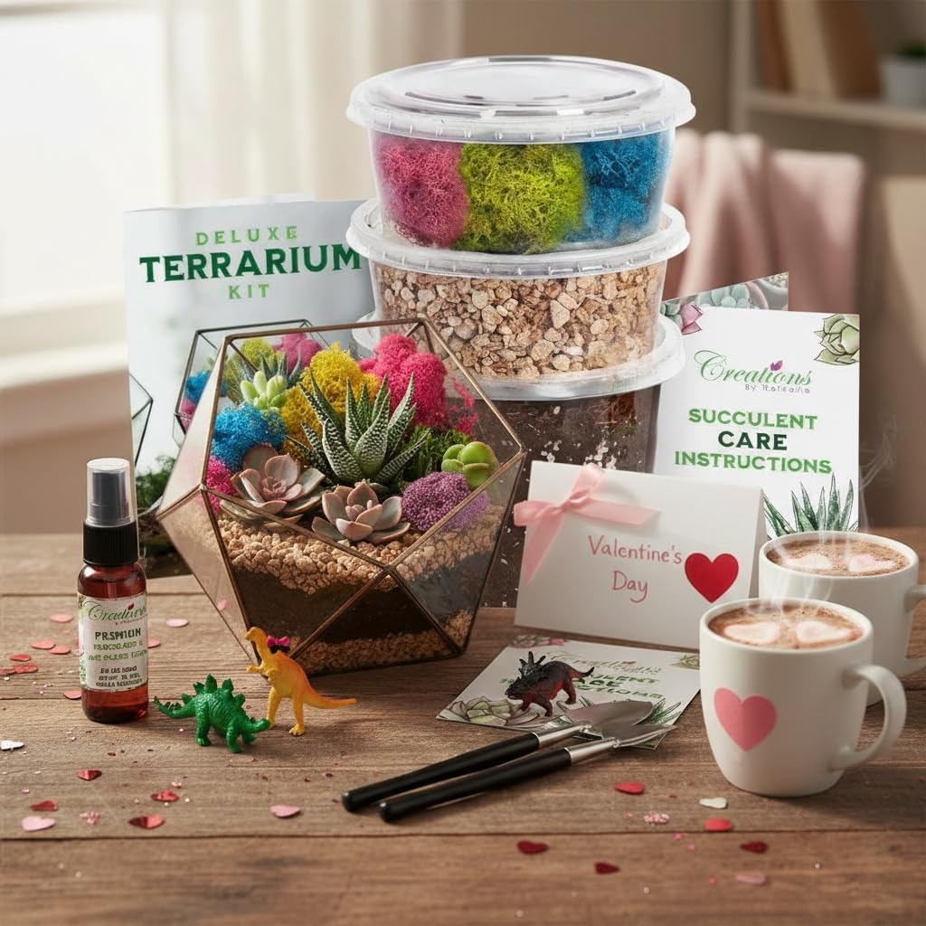 Creations by Nathalie – DIY Large Terrarium Starter Kit with Soil, Moss, Pebbles, Healing Crystal, Tools & Supplies –