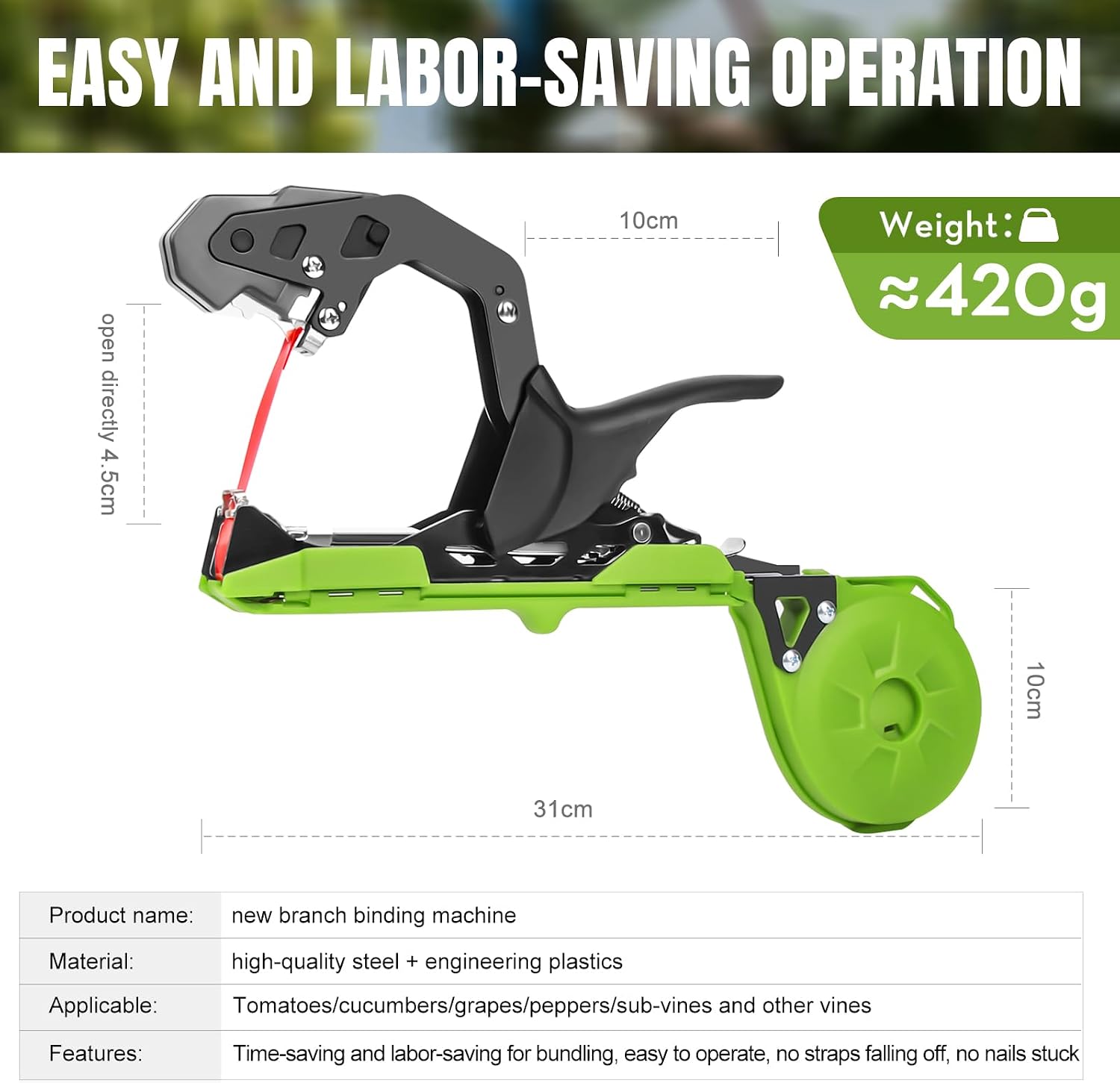 Cekegon Plant Tying Machine, 420g Tapener Tying Tool Plant Tying Tool | 20 Rolls Tape 10000pcs Staples Green