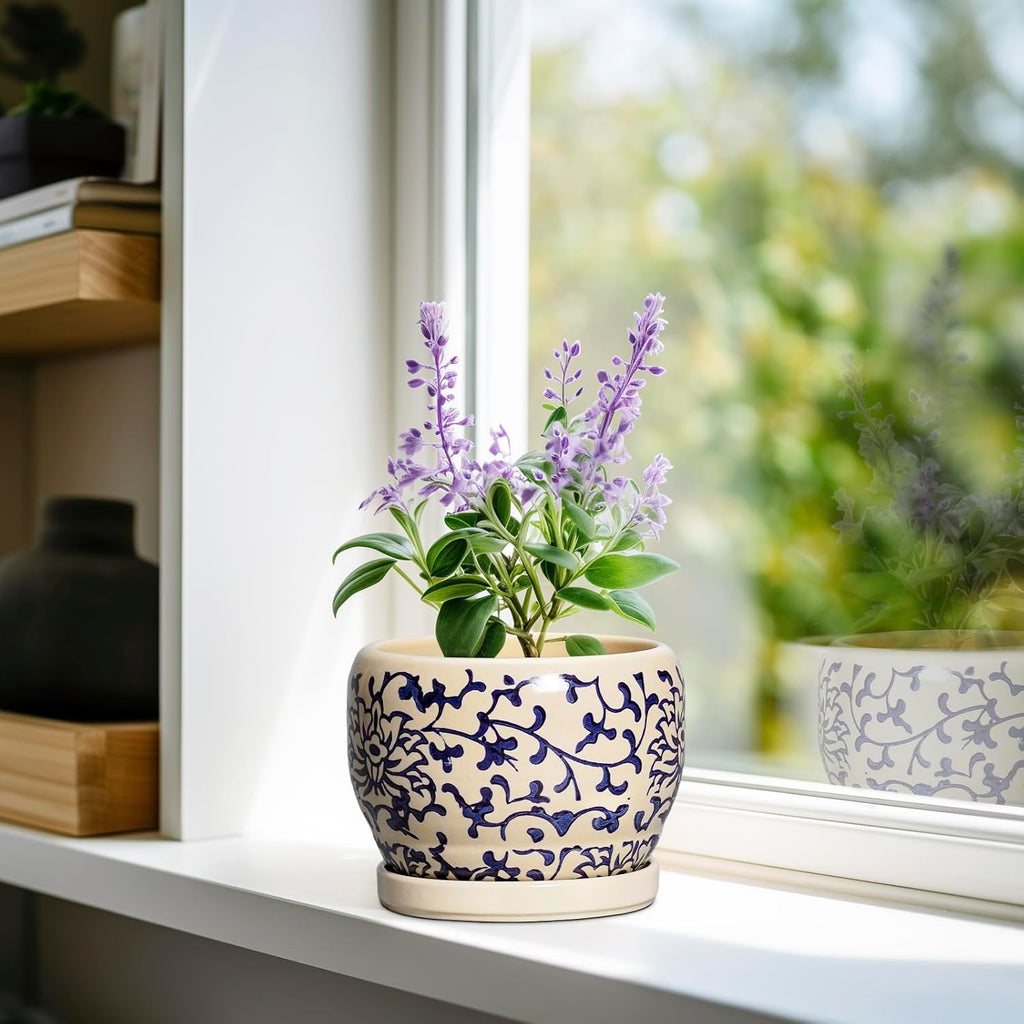 SQOWL Ceramic Flower Pots - 6 Inch Plant Pot Indoor with Drainage Hole and Saucer, Porcelain Ceramic Planter Outdoor