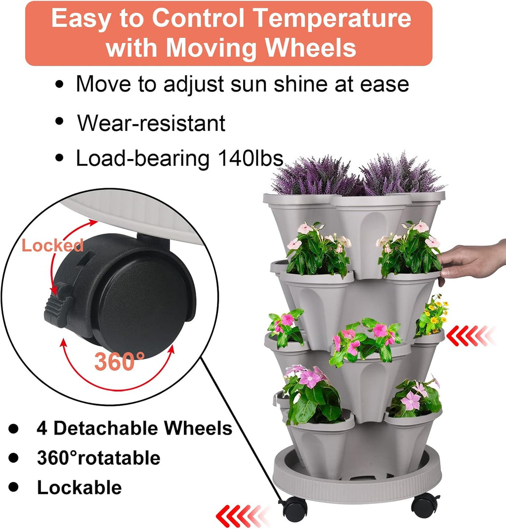 DUNCHATY Stackable Planter, Vertical Garden Planter with Wheels and Tools, Self Watering Strawberry Planter