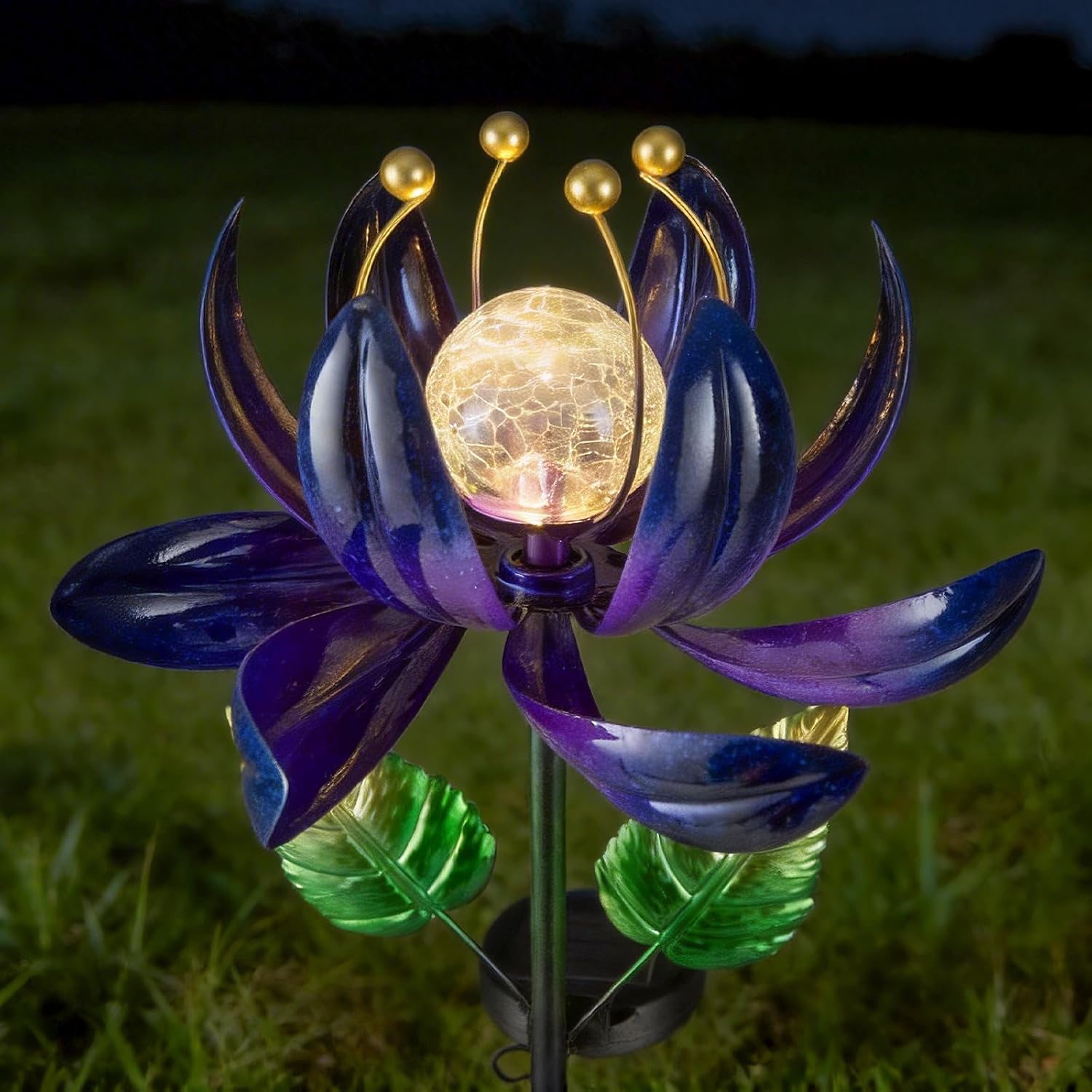 AIINY Solar Purple Metal Flower Wind Spinners, Colorful Spinning Windmill Lotus Yard Art Lights with LED Crystal Ball