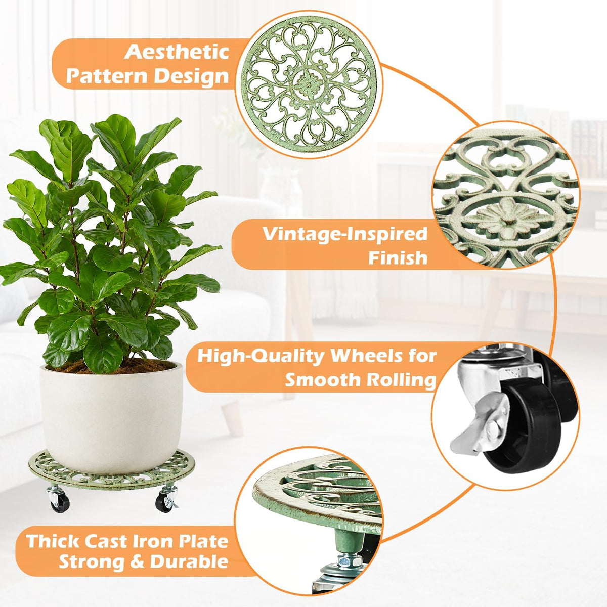 2 Pack Rolling Plant Caddy with Wheels Heavy Duty, 14 Inch Cast Iron Plant Rollers with Wheels, Planter Stand on Metal
