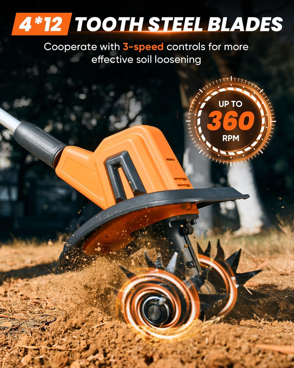 Saker 22V Cordless Garden Tiller for Gardening with Adjustable Speed | 3 Adjustable Speed,360RPM,9-Inch Tilling Width