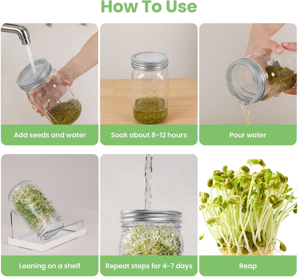 Seed Sprouting Jar Kit, 2 Wide Mouth Quart Mason Jars with Stainless Steel Screen Sprout Lids, Drip Tray, Stand