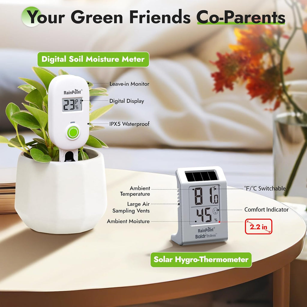 RAINPOINT Light-Driven Thermo-Hygrometer & Smart Digital Wireless Soil Moisture Meter (WiFi Hub Needed) Kit, Real-time