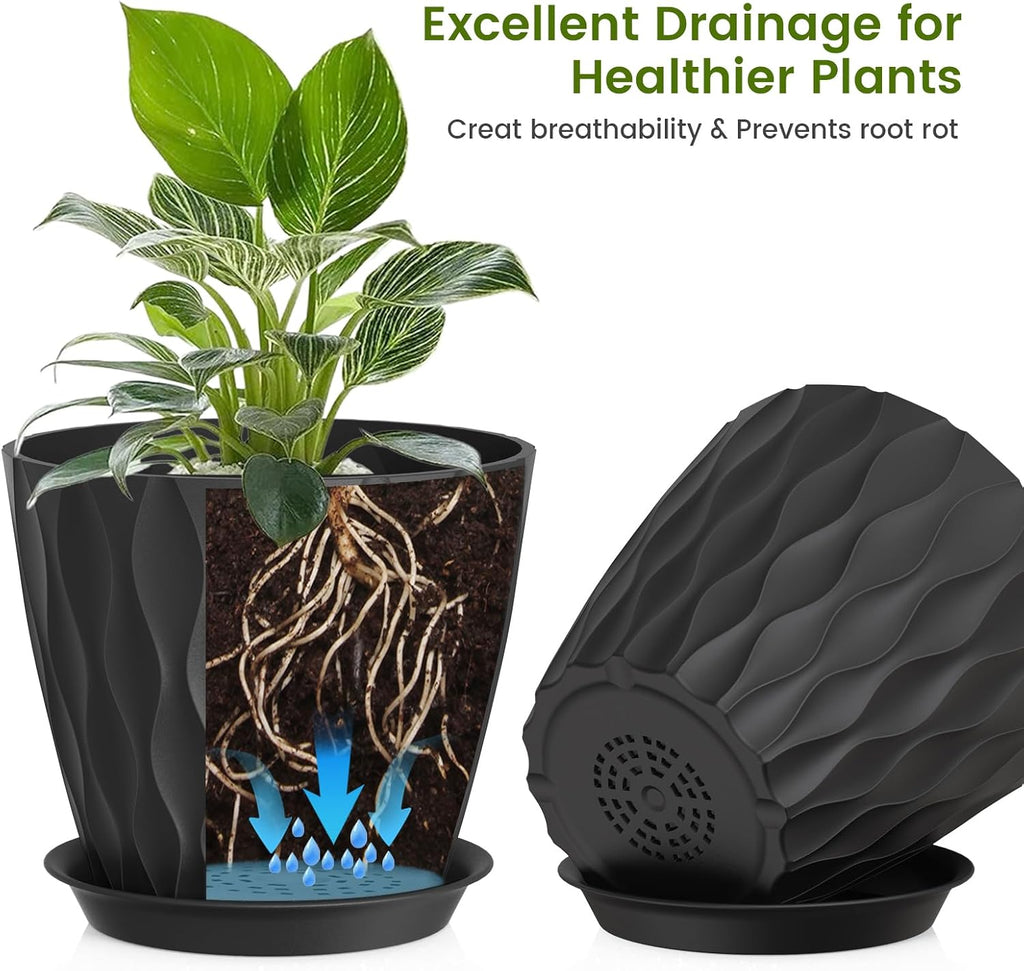 UOUZ 8 Inch Plant Pots, 4 Pack Plastic Planters for Indoor Outdoor with Drainage Holes & Saucers, Waffle Texture Flower