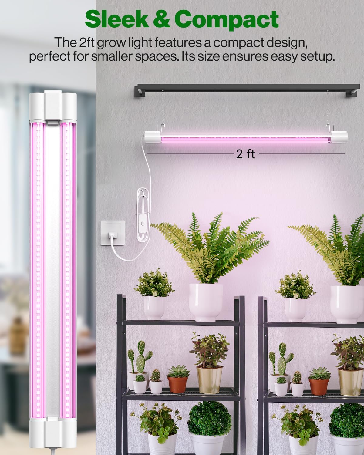 Sunco 4 Pack 2FT LED Grow Light, Full Spectrum, 20W | Indoor Lighting, for Seed Starting, Seedling, Indoor Plants, Plug