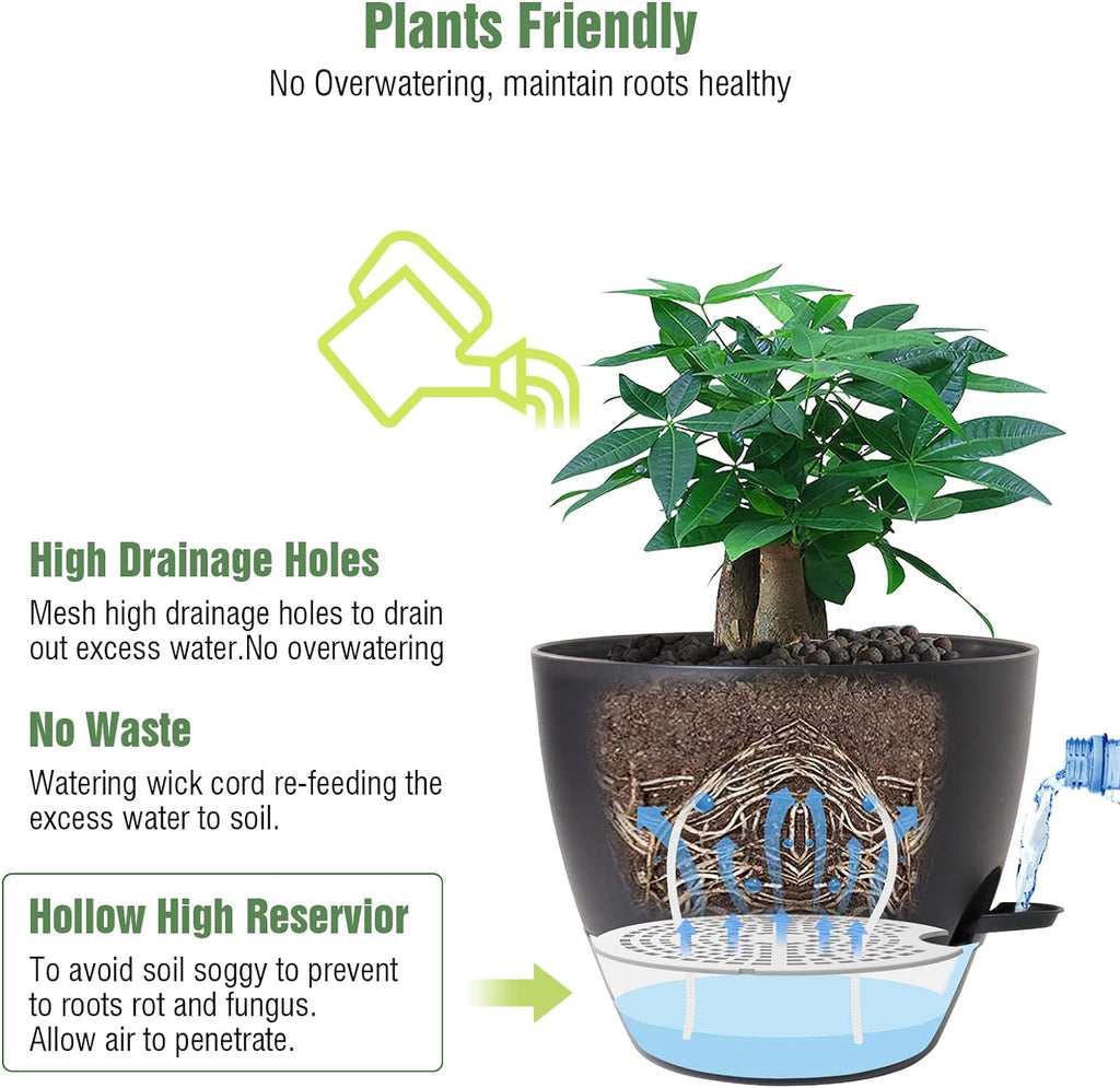 UOUZ 12 inch Large Self Watering Pots, Plastic Planters with 60oZ Removable Deep Reservoir and Multi Mesh Drainage