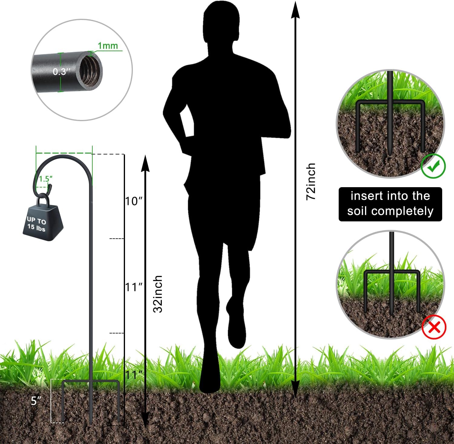 32" Small Shepherd Hooks for Outdoor, Adjustable Decorative Garden Hooks for Solar Lanterns, Hanging Plants, Wind