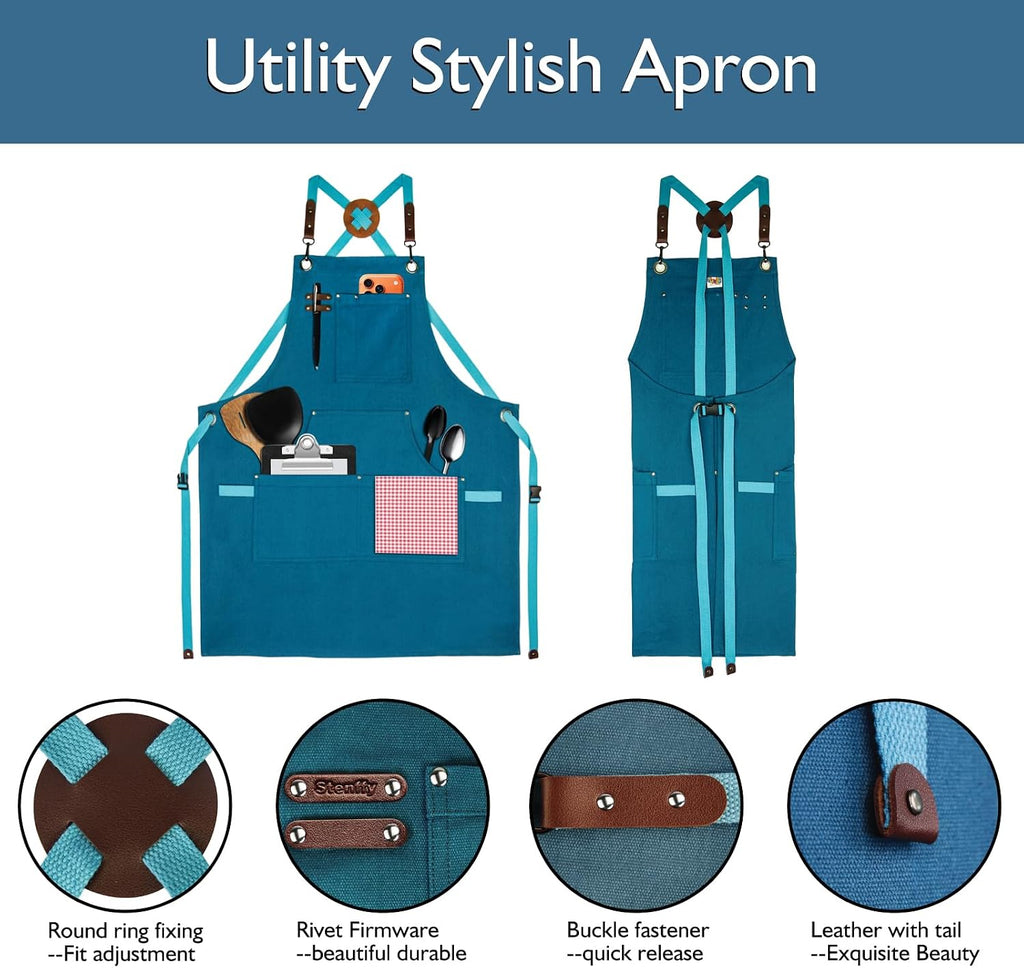 Kitchen Apron, Work Apron, Canvas, Multiple Pockets, Gardening, Painting, BBQ, Artist, Carpenter, Sizes M to XXL, Blue