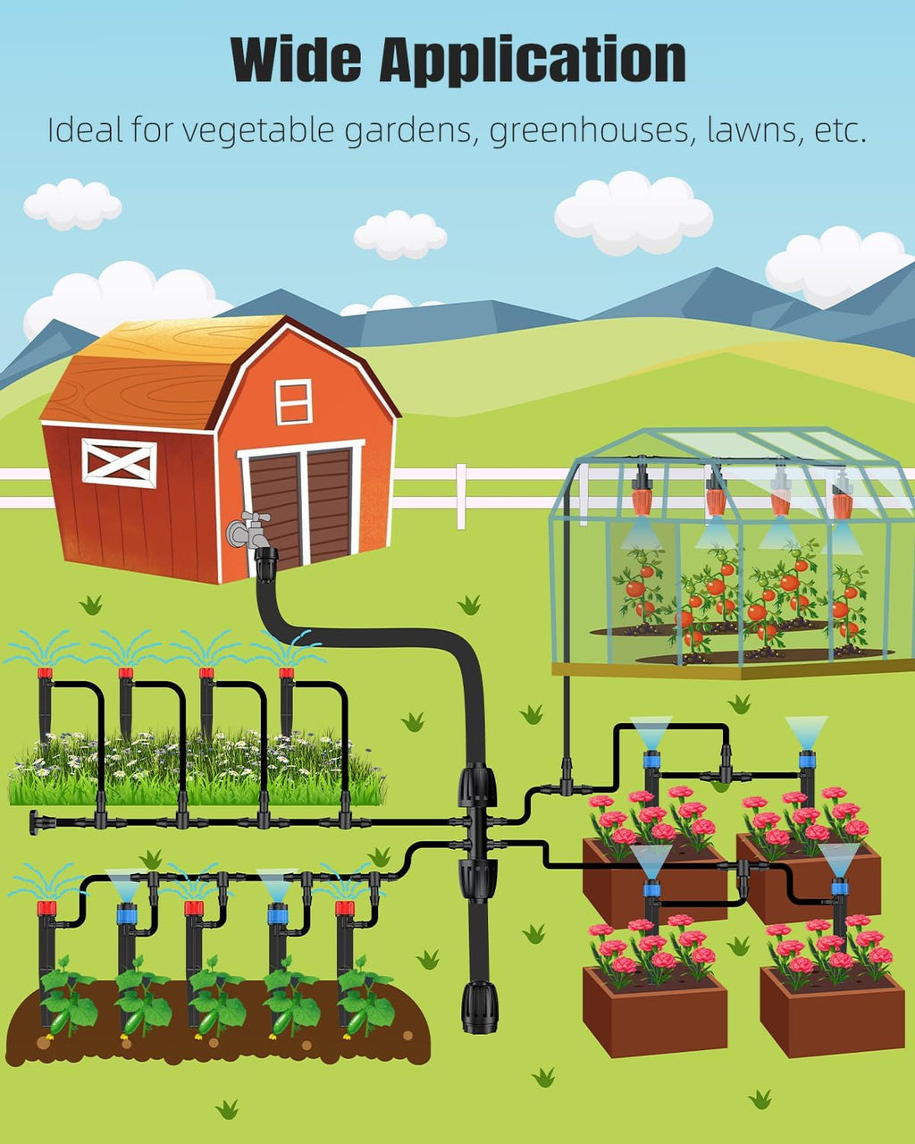 Pawfly Drip Irrigation System for Garden, 240FT Drip Irrigation Kit with 1/2" & 1/4" Tubing Adjustable Emitters
