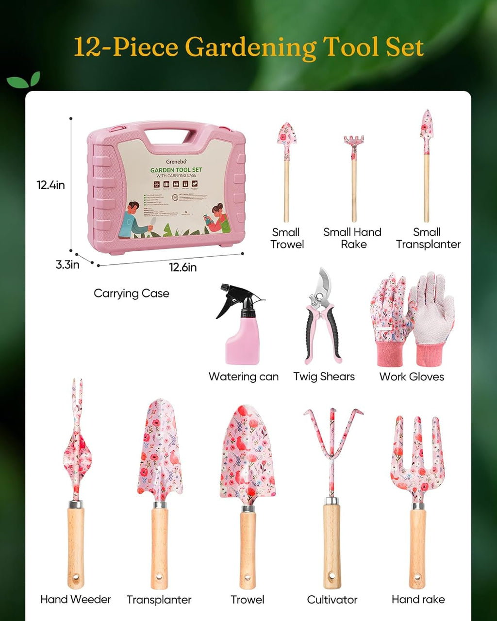 12-Piece Gardening Tool Set, Heavy-Duty Garden Tools for Women | Floral Print Rust-Proof Trowel, Rake, Weeder & Pruner