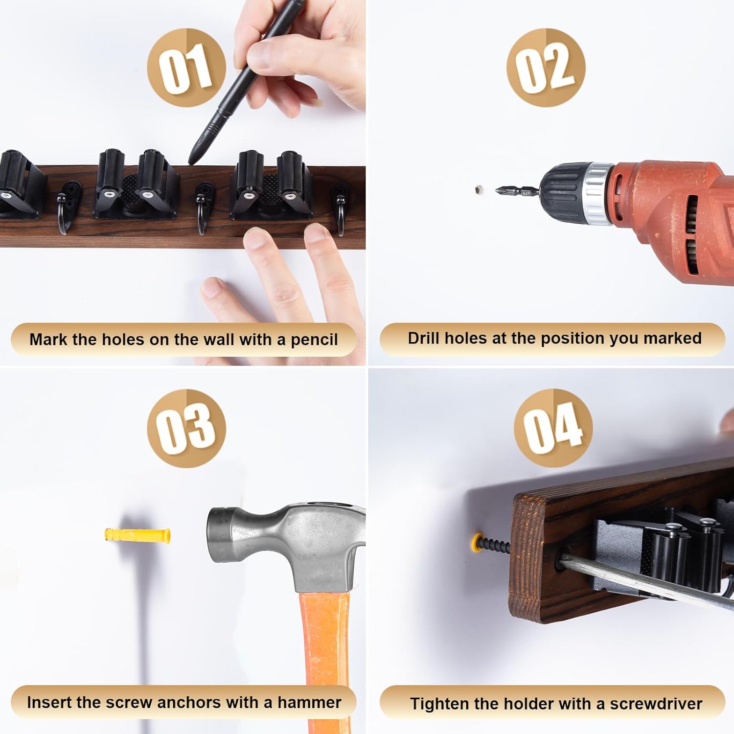 2 Pack Broom Holder Wall Mount With 5 Slots & 4 Hooks，Rustic Wood Broom & Mop Hanger，Wall Mounted Garden & Garage Tool