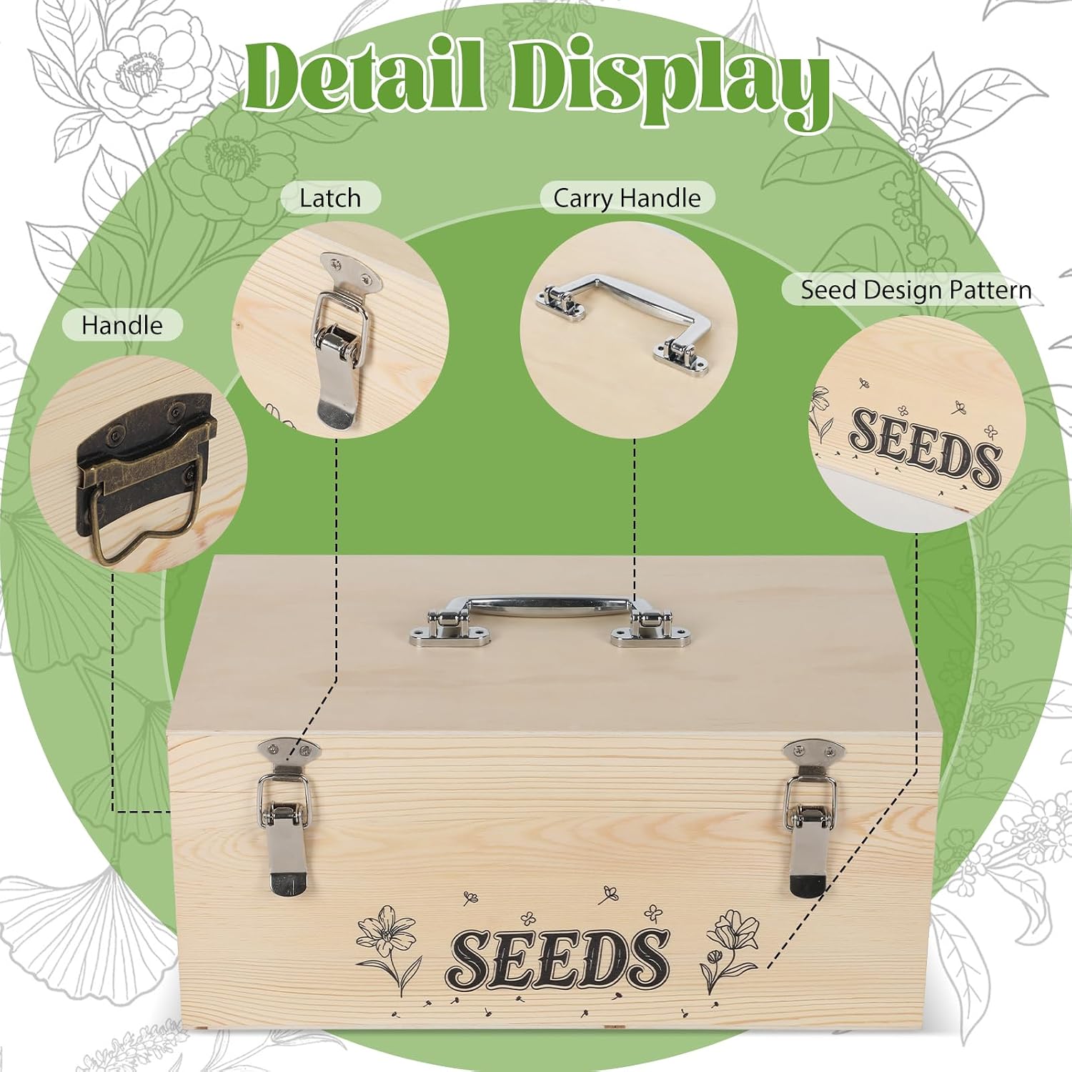 13.1”×7.7”×6” Wood Seed Storage Box 60pcs Seed Envelopes Fluorescent Index Tabs Seed Saving Organizer Box with