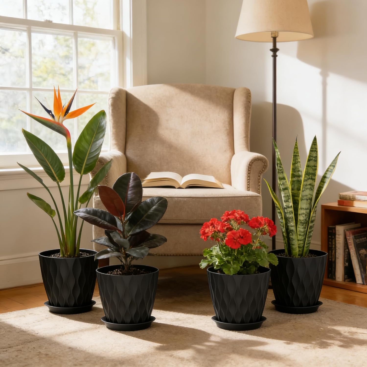 UOUZ 8 Inch Plant Pots, 4 Pack Plastic Planters for Indoor Outdoor with Drainage Holes & Saucers, Waffle Texture Flower