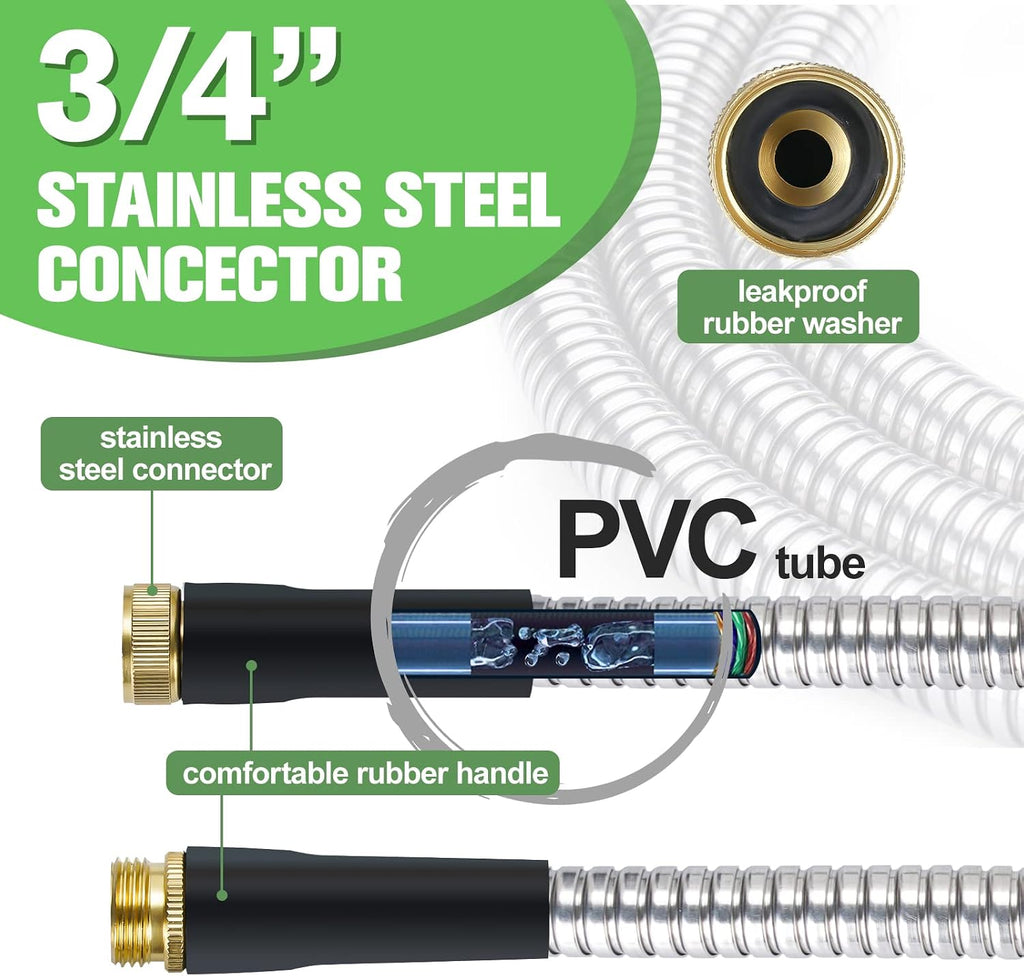 TVKB Garden Hose 100ft Stainless Steel Water Hose Super Tough Flexible Water Pipe with Brass Fittings and Sprayer