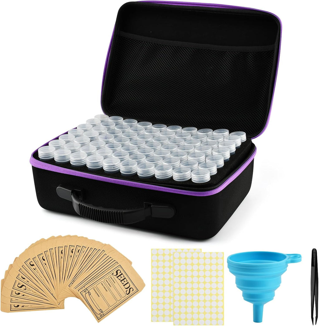 Seed Storage Organizer Box with 140 Slots and Plastic Bottles, Portable Garden Seed Vault Kit with