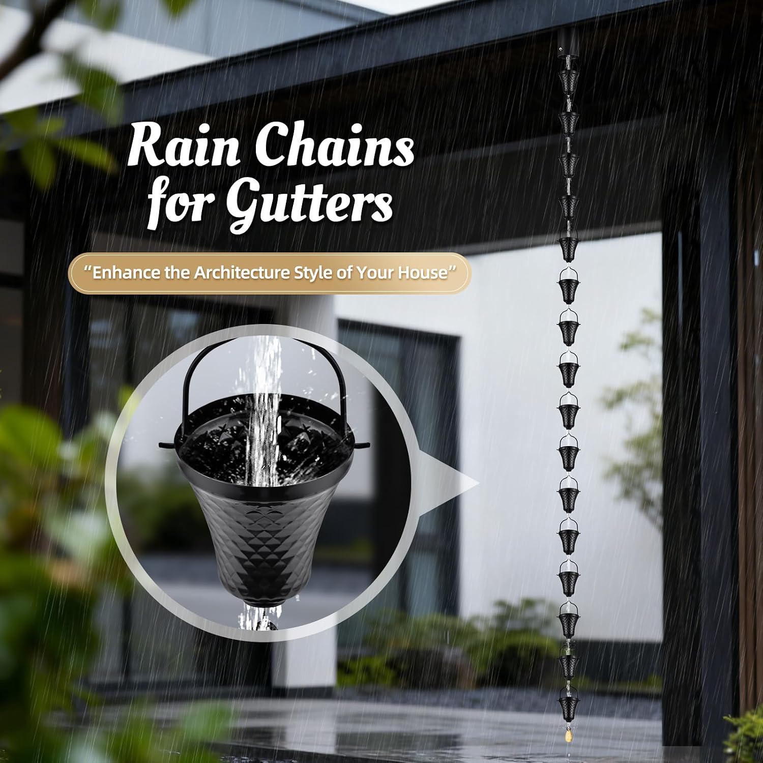 8.5 FT Black Rain Chain with 16 Cups for Gutters Downspouts Outside | Large Opening to Avoid Splashing, Instruction for