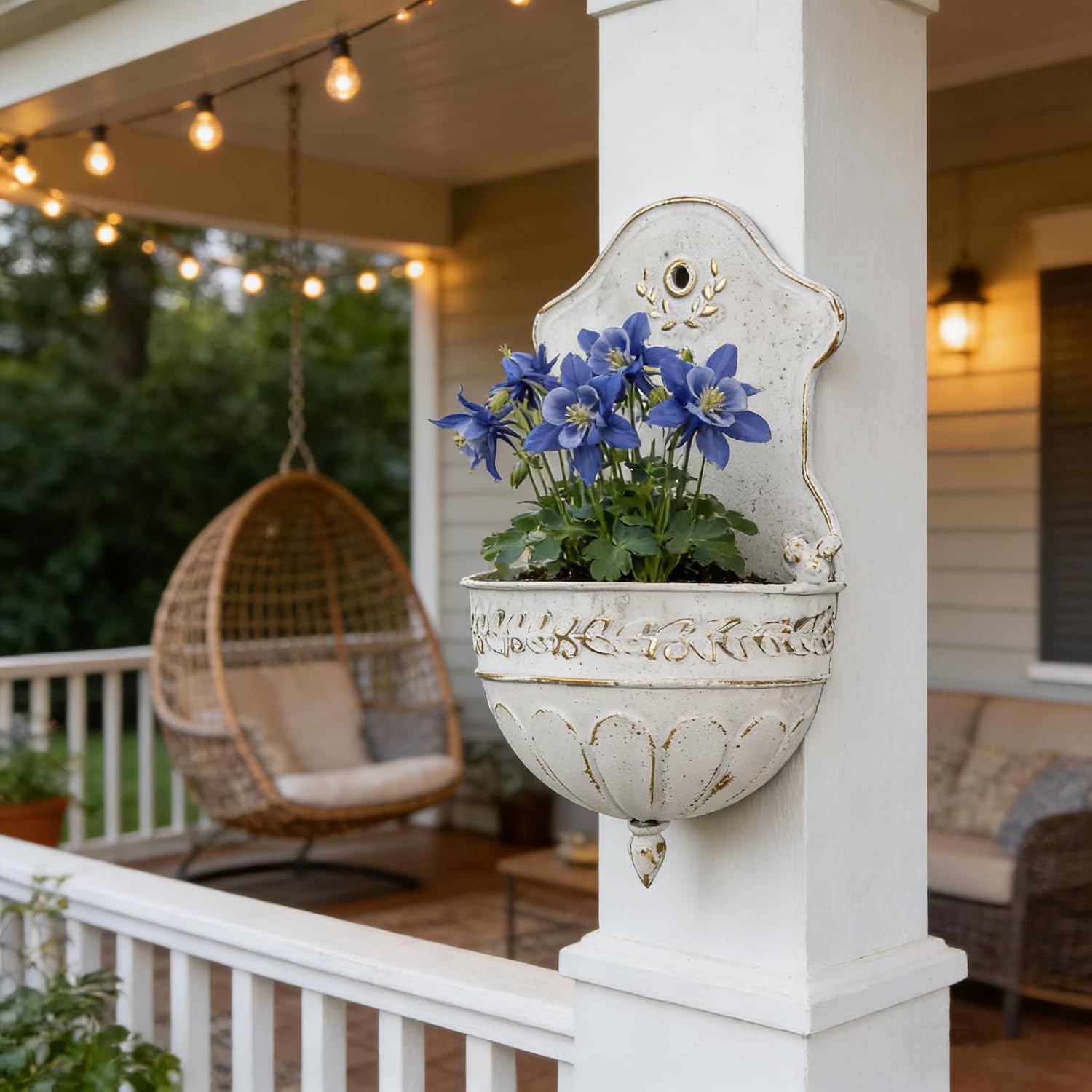 Vintage Distressed White Metal Wall Planter, Rustic Hanging Pocket Planter with Scrollwork & Scalloped Design