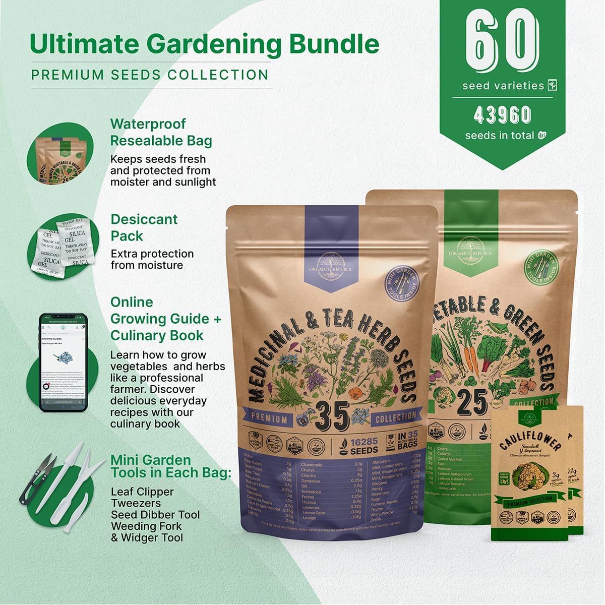35 Medicinal & Tea Herb Seeds & 25 Winter Vegetable & Greens Seeds Variety Pack Bundle, 44,000+ Non-GMO Heirloom Garden