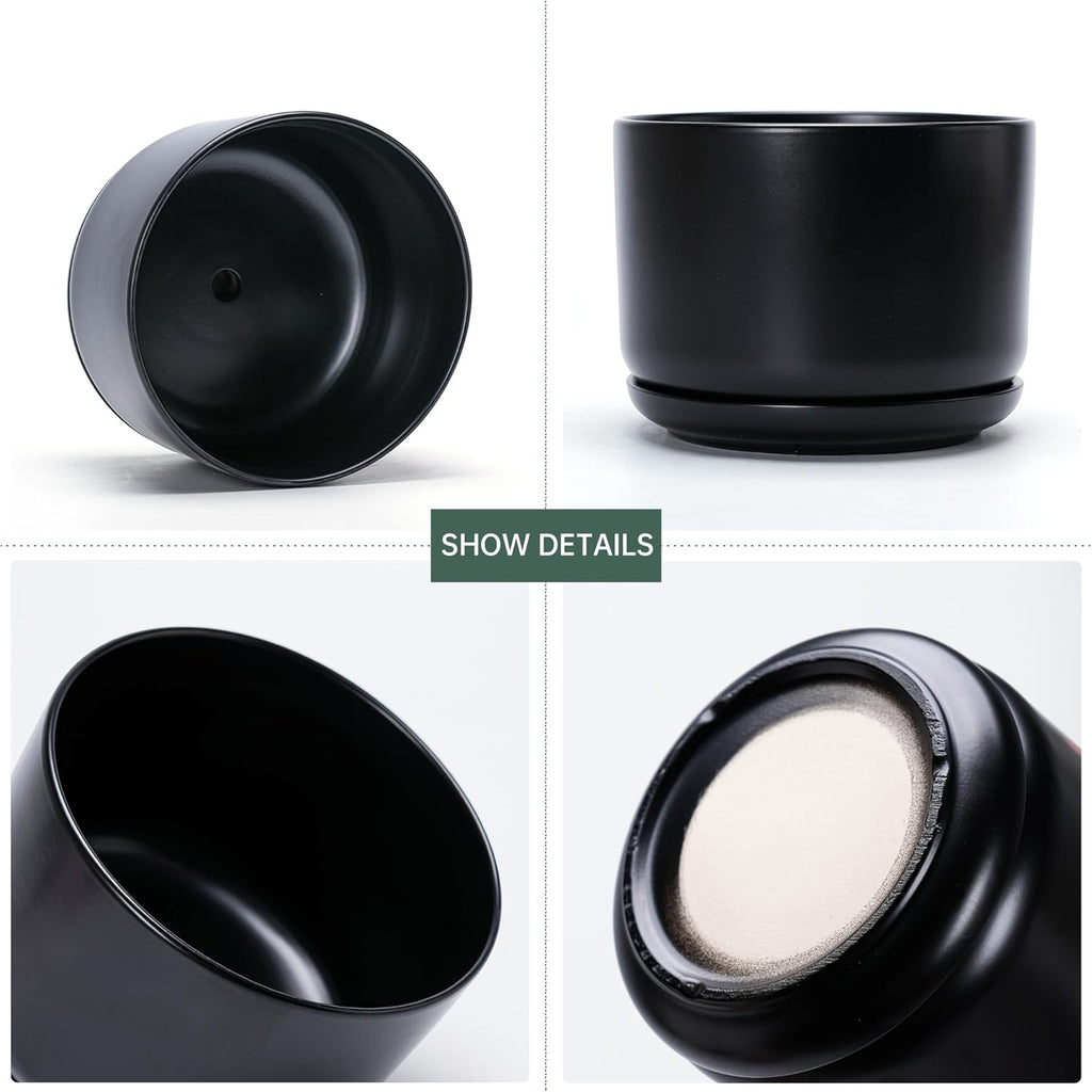 Flower Pots,Ceramic Pots with Drainage Holes & Saucer Set of 3(Matte Black) | Planters for Indoor Plants | Small