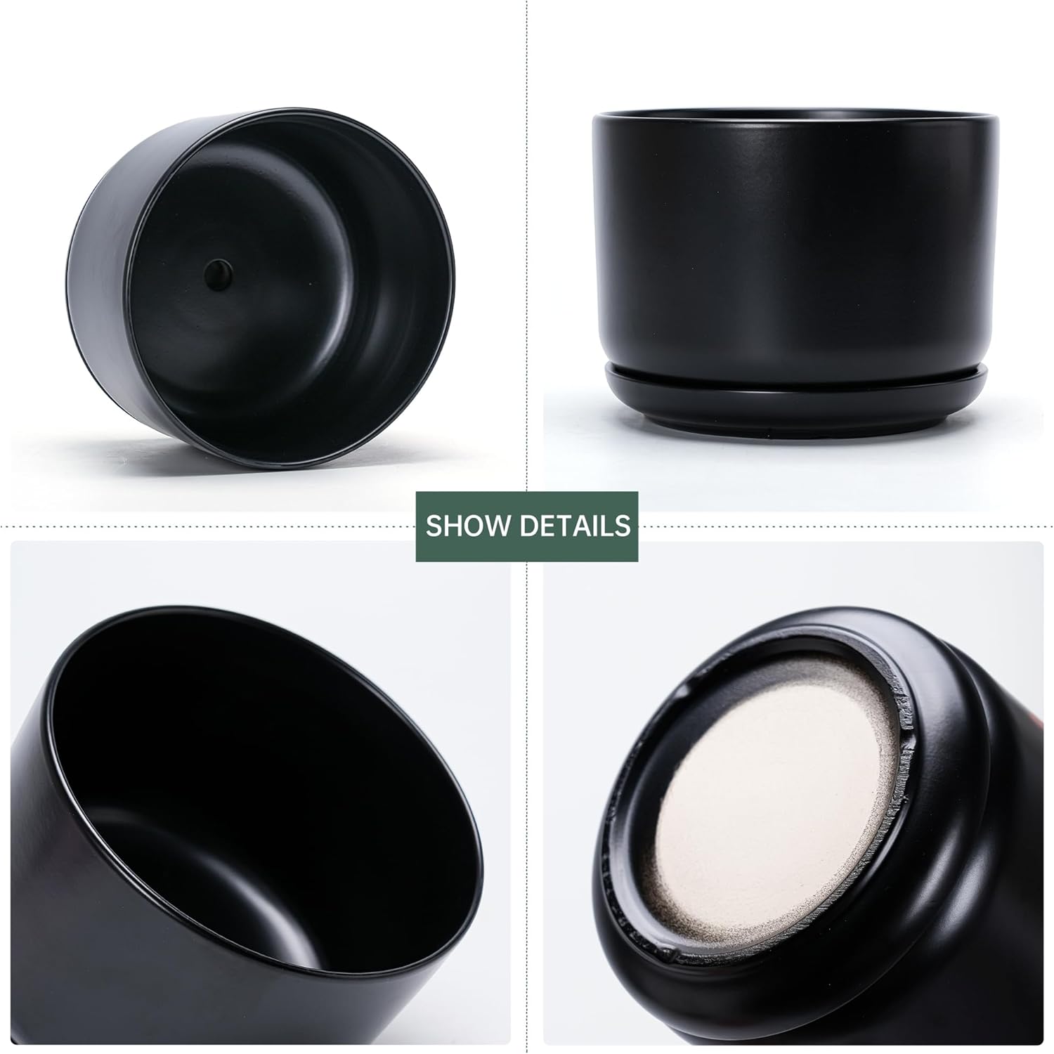 Flower Pots,Ceramic Pots with Drainage Holes & Saucer Set of 3(Matte Black) | Planters for Indoor Plants | Small